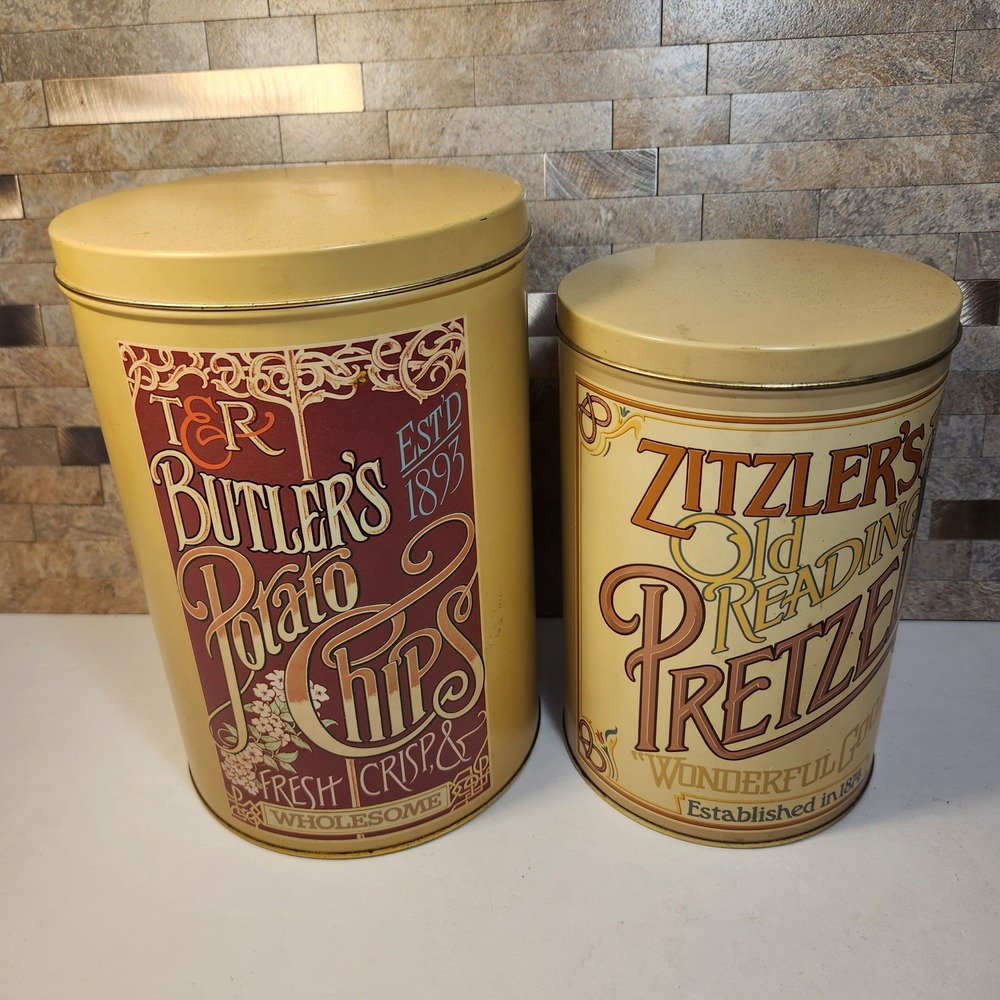 Vintage Intrigue Potato Chip & Pretzel Tin Canister Set Made in England Cream